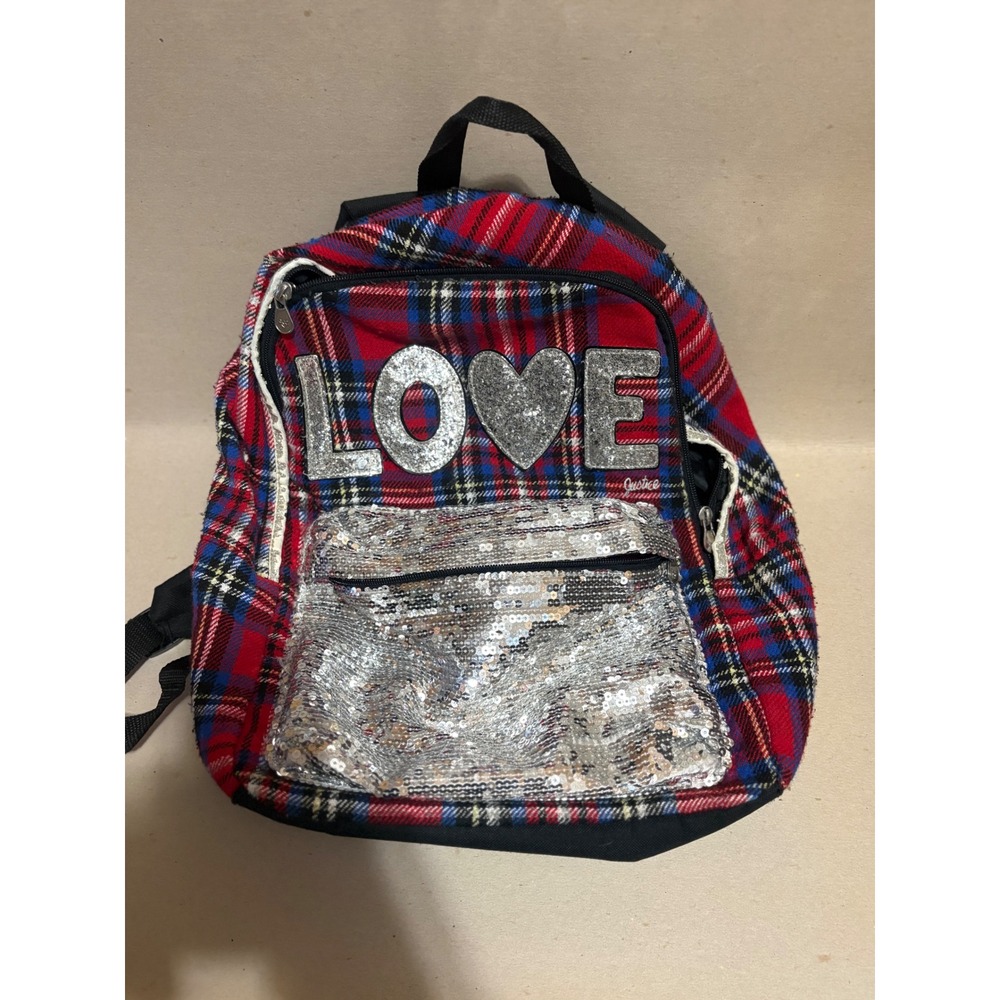 Justice Girls Red Plaid LOVE Sequin Mini Backpack School Bag